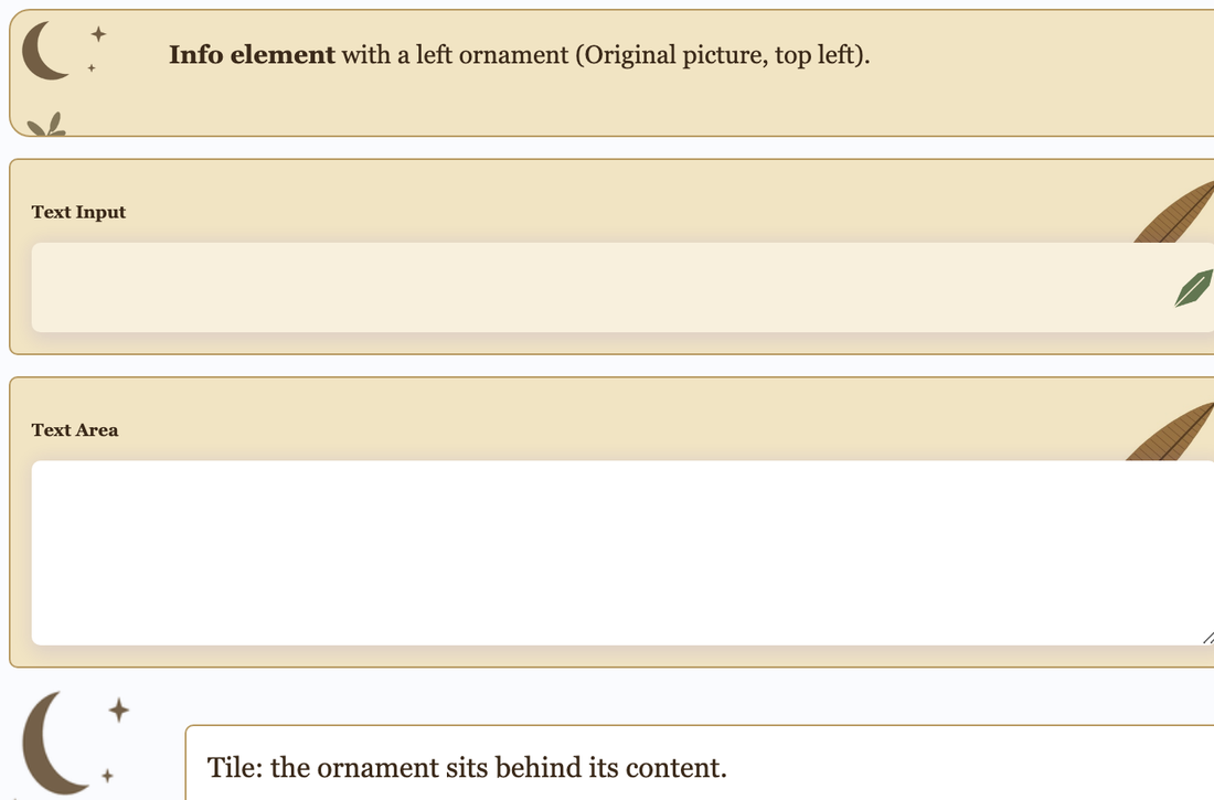 A published page with a background image on an Info, a Text Input, a Text Area and a Tile