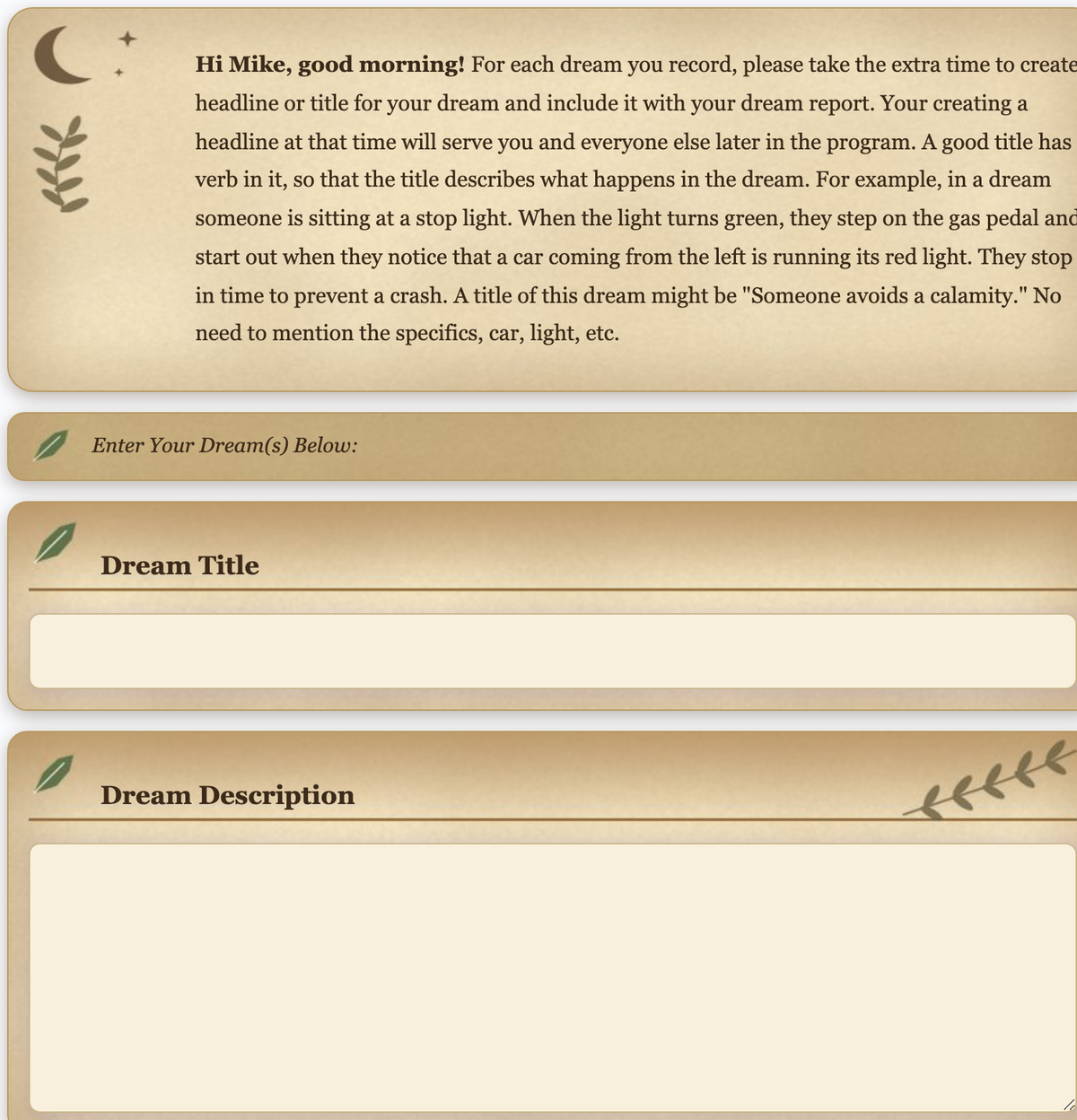 A finished page: paper panels with a moon, a leaf and a sprig placed as background images