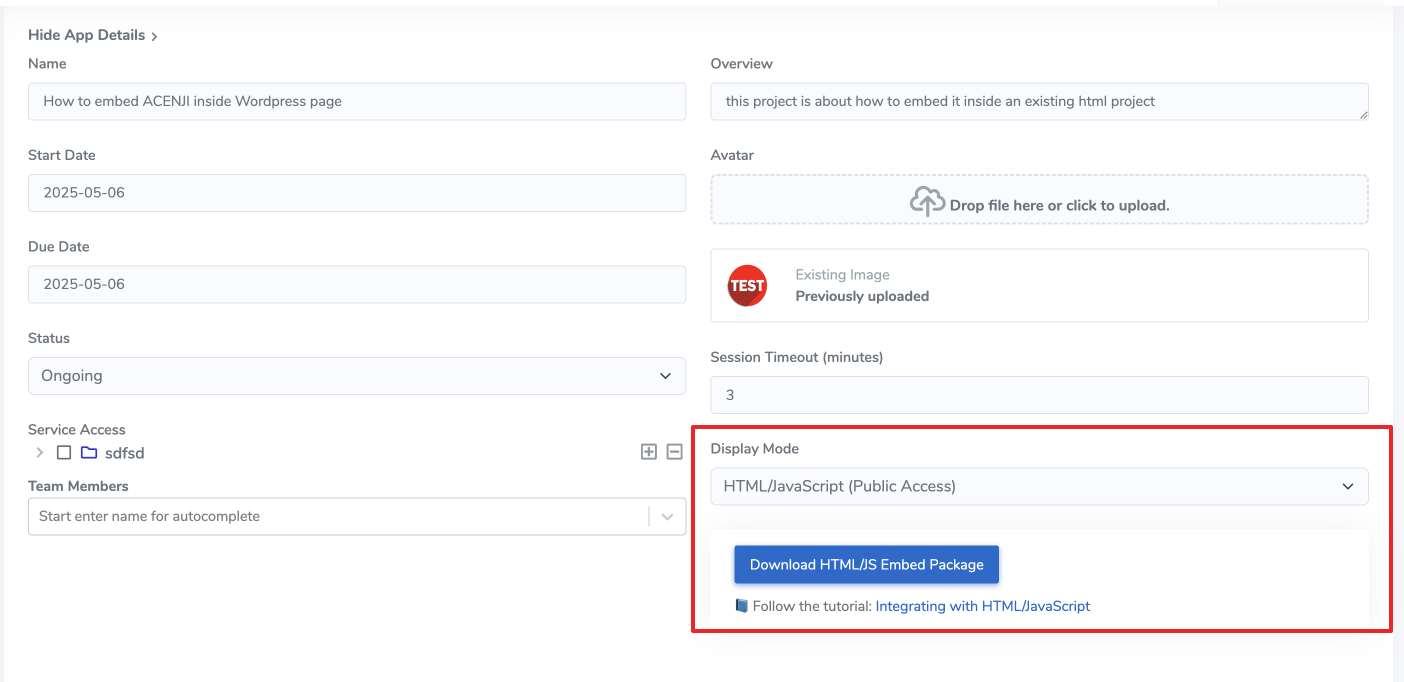 HTML/JS display mode selected