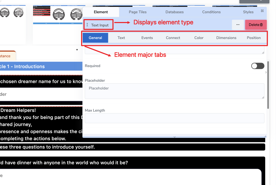 Element property tabs