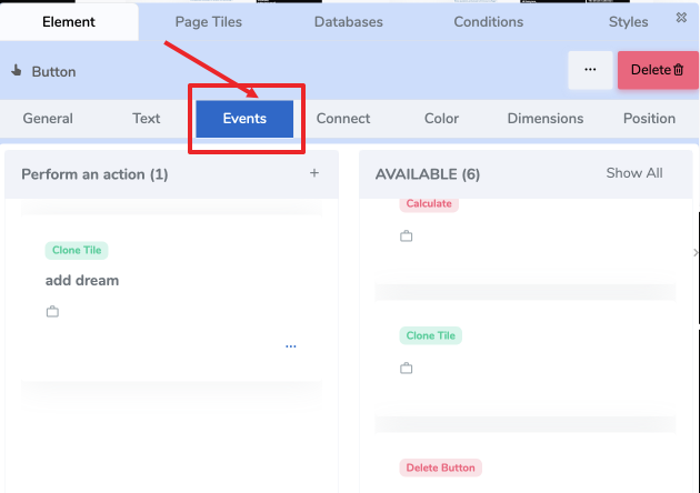 Events Tab in the Floating Design Panel