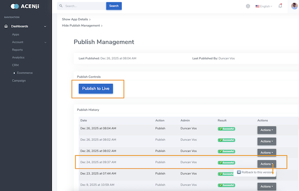Publish Management Screen