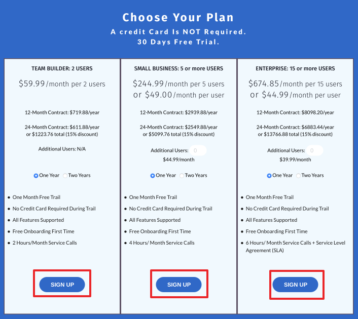 Choose a plan and click Sign Up